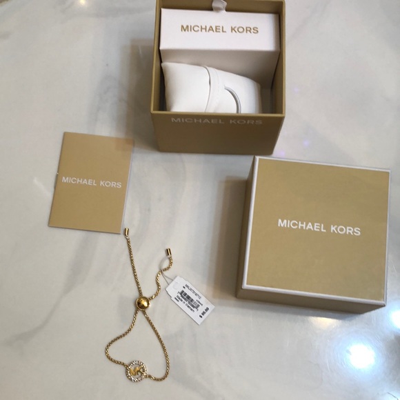 Michael Kors Gold Tone Slider Bracelet Open Frame Circle & MK Logo Crystal NWT - Picture 12 of 16
